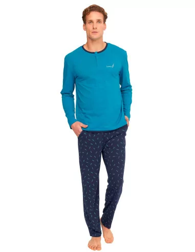 Pijama Para Hombre Azul Manga Larga Pantalon Largo – Los Tres